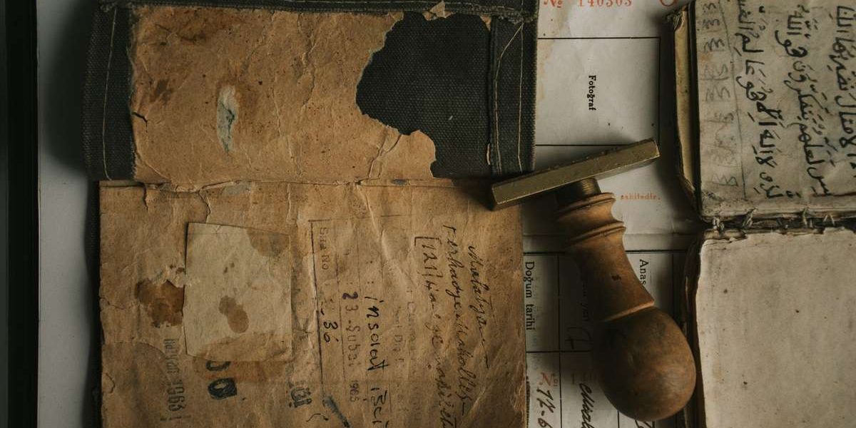 Carnet abîmé, papier froissé, tampon en bois posé sur surface