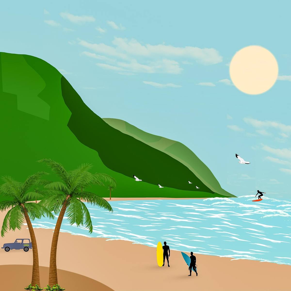 Scène tropicale avec plage, collines, palmiers, voiture et surfeurs