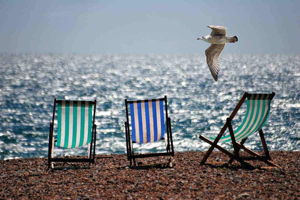 Trois chaises de plage sur galets, goéland volant au-dessus de la mer